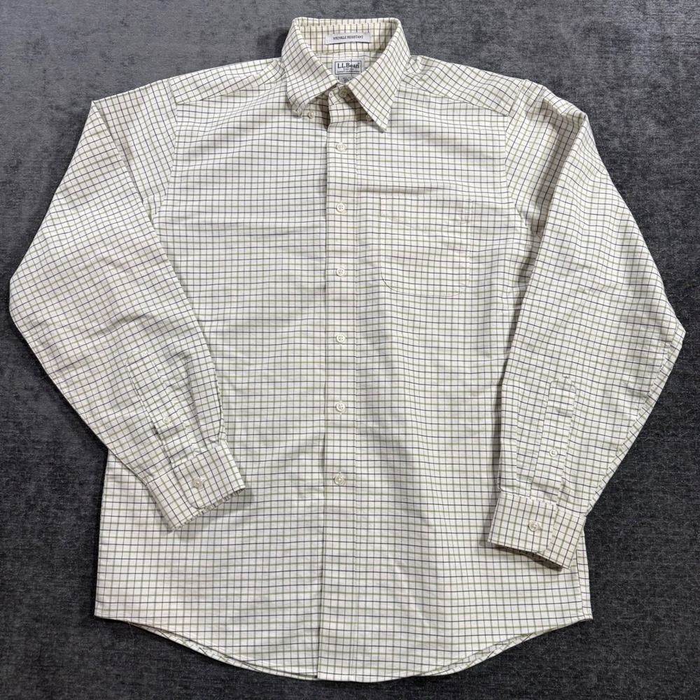 LL Bean Mens Wrinkle Resistant Cotton Button Down Shirt Green Check 15.5-35